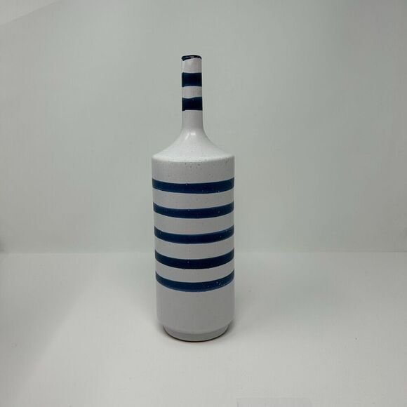 Crate and Barrel Terra Cotta Vase Blue Striped Gray Nautical Decor Hand Painted - Picture 4 of 14